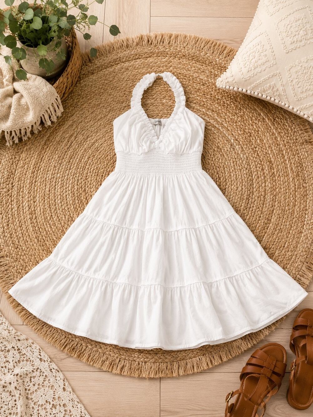 J for Justify Women’s XL White Tiered Midi Sundress Smocked Waist Ruffle Straps